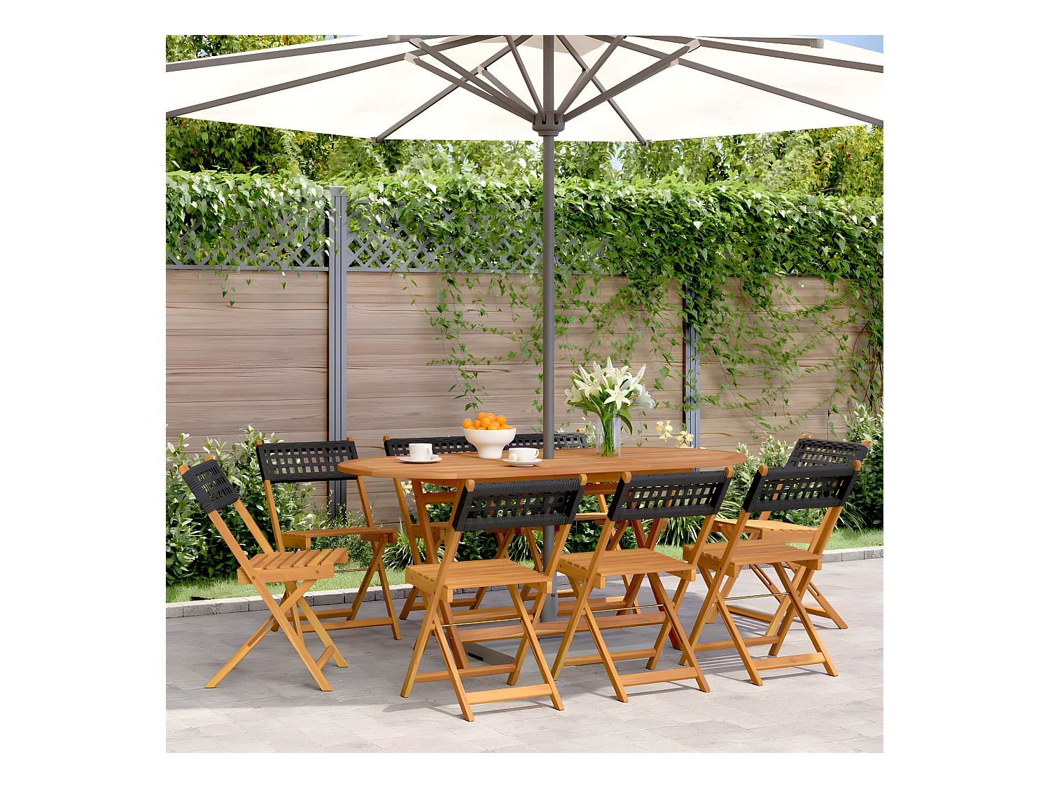 Lot de 8 Chaises de jardin pliantes noir poly rotin bois massif FR22191