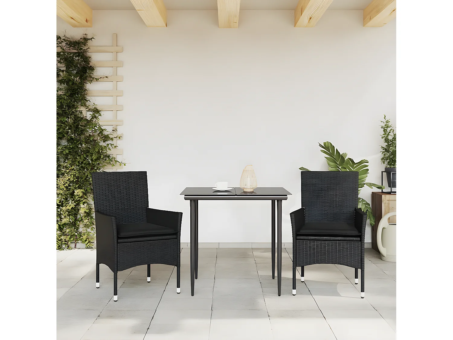 Cadeiras de jardim com almofadões 2 pcs vime PE preto PT187870