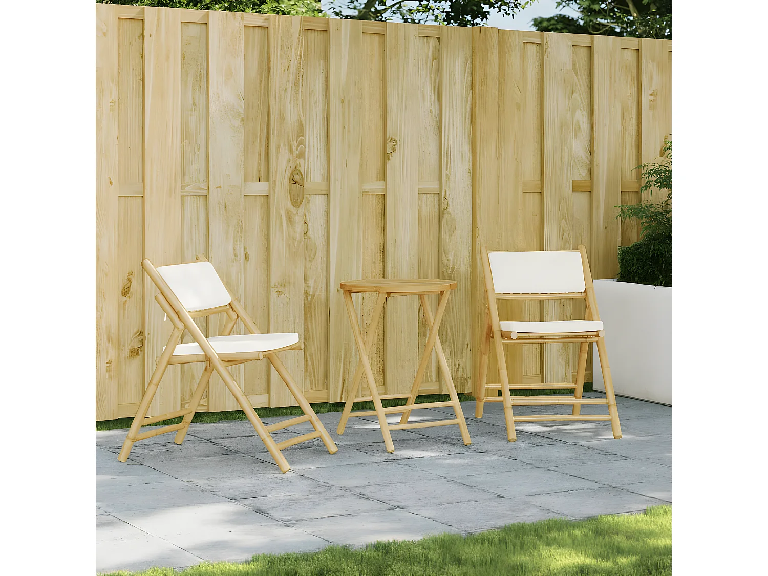 2 pcs cadeiras bistrô dobráveis c/ almofadões branco nata bambu PT654153