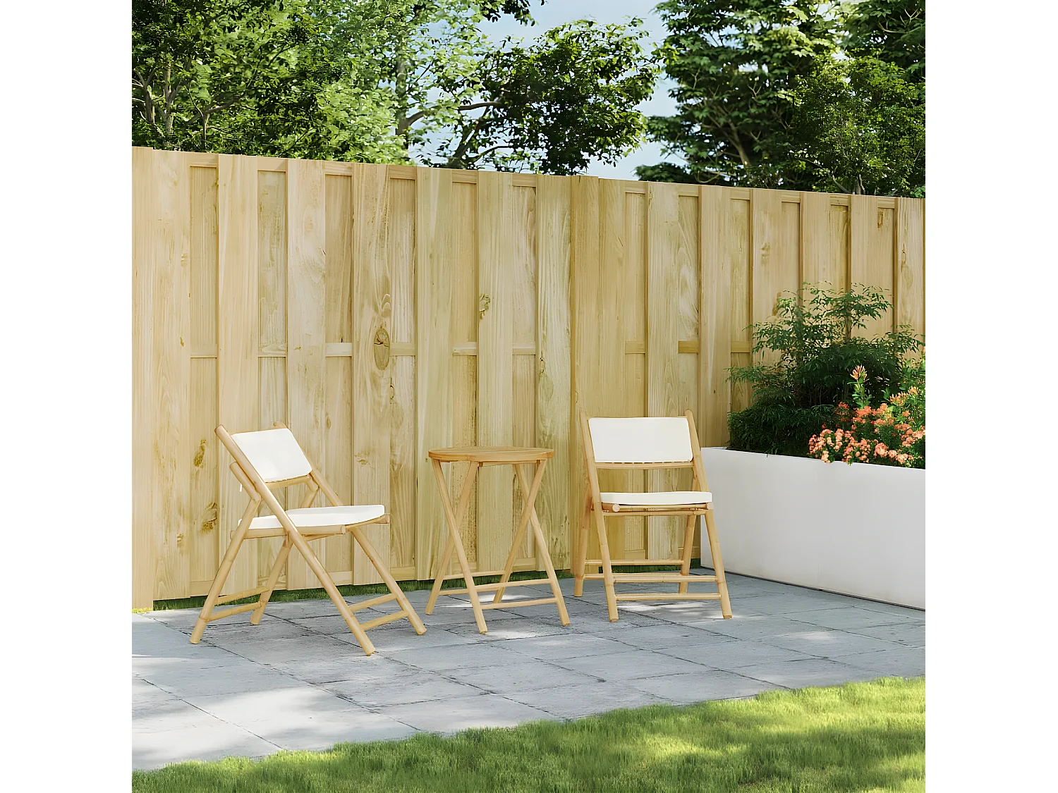 2 pcs cadeiras bistrô dobráveis c/ almofadões branco nata bambu PT654153