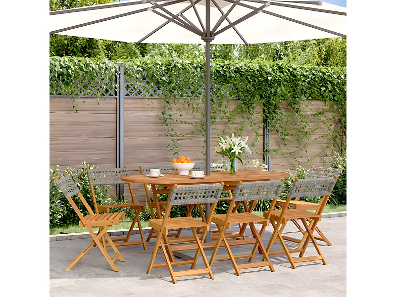 Lot de 8 Chaises de jardin pliantes gris poly rotin bois massif FR16330