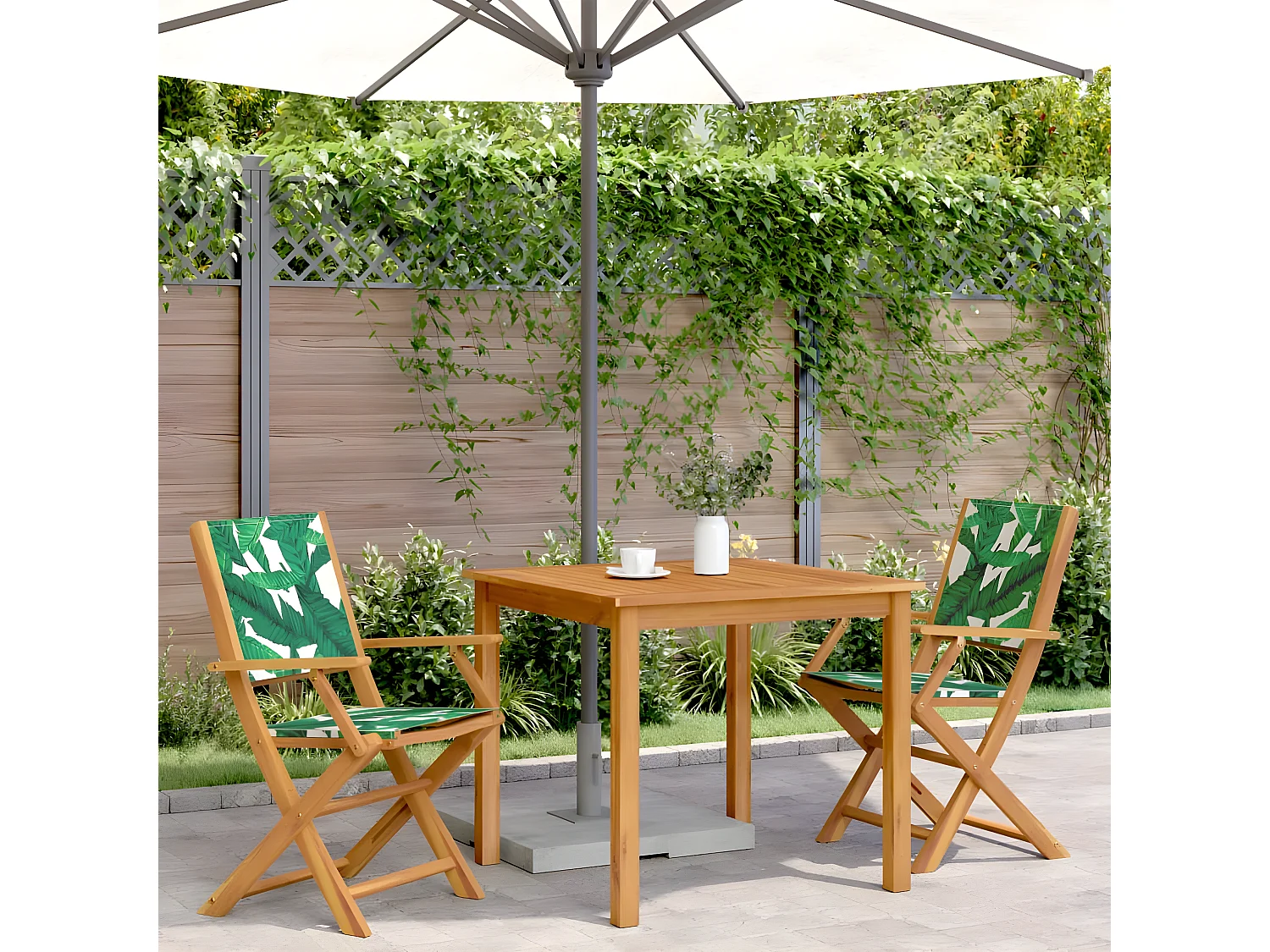 Tuinstoelen 2 st bladpatroon massief acaciahout en stof BE225574