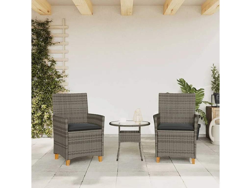 Lot de 2 Chaises de jardin coussins gris résine tressée et bois FR16245