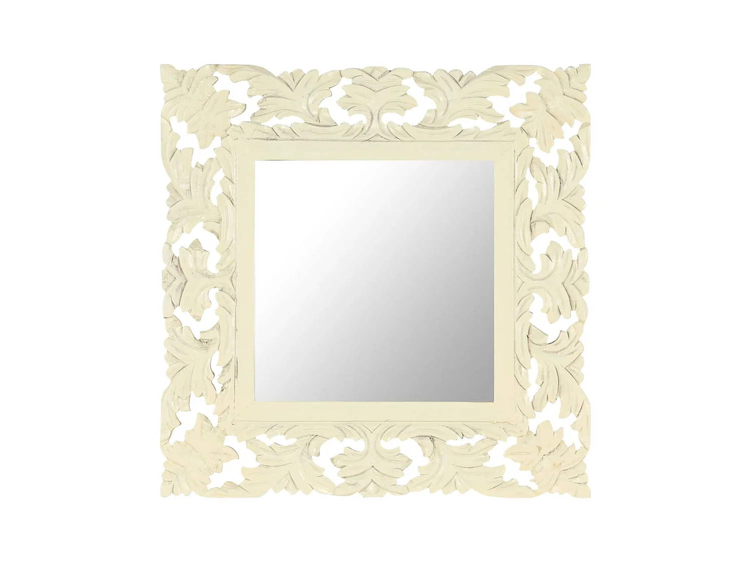 Miroir sculpté à la main Blanc 50x50 cm Bois de manguier massif FR47317