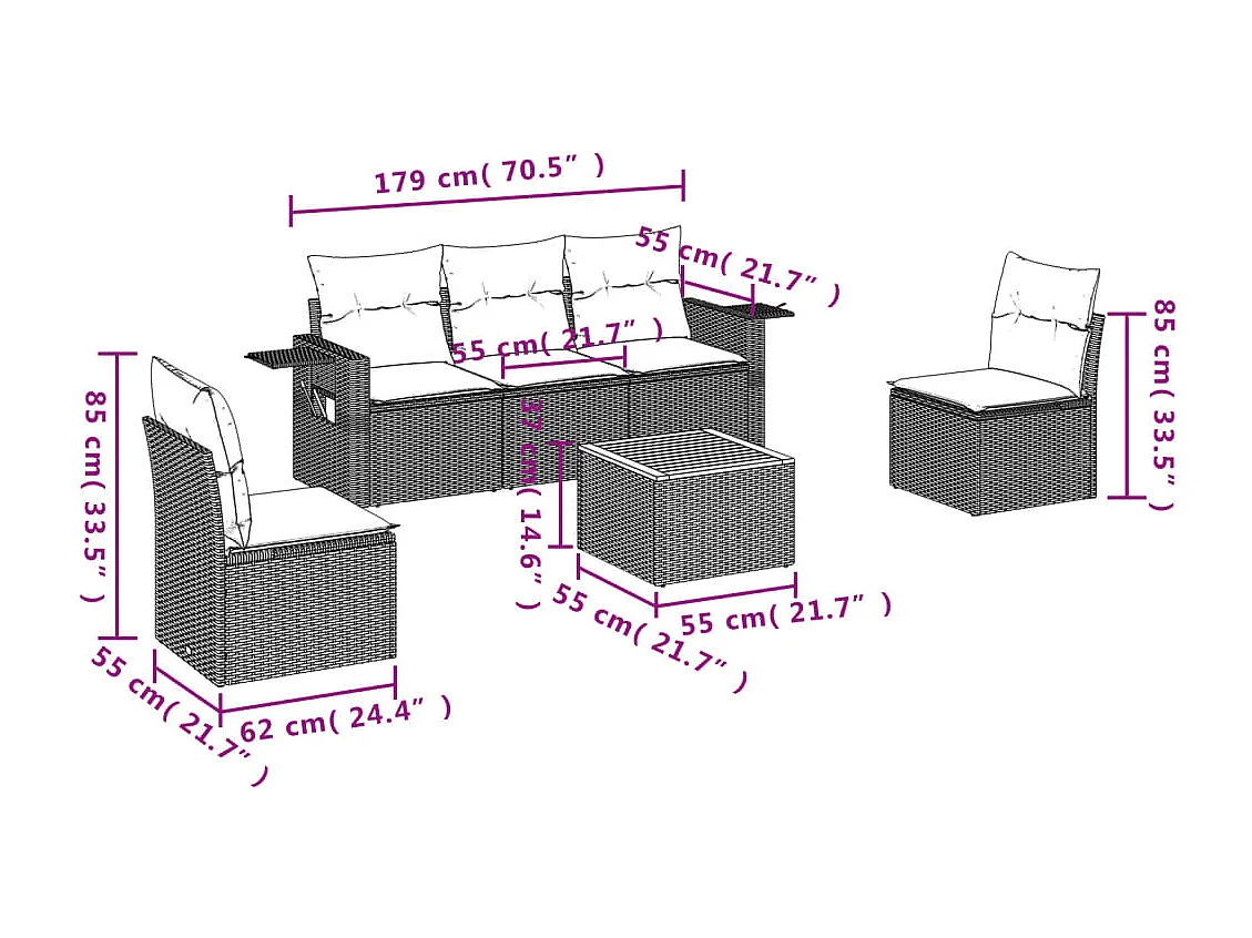 6 pcs conjunto sofás de jardim c/ almofadões vime PE preto PT776081