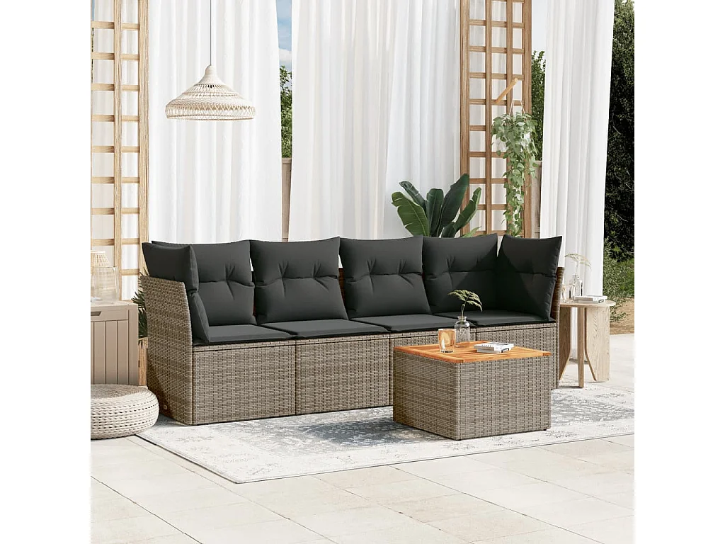 Salon de jardin 5 pcs avec coussins gris résine tressée FR80435