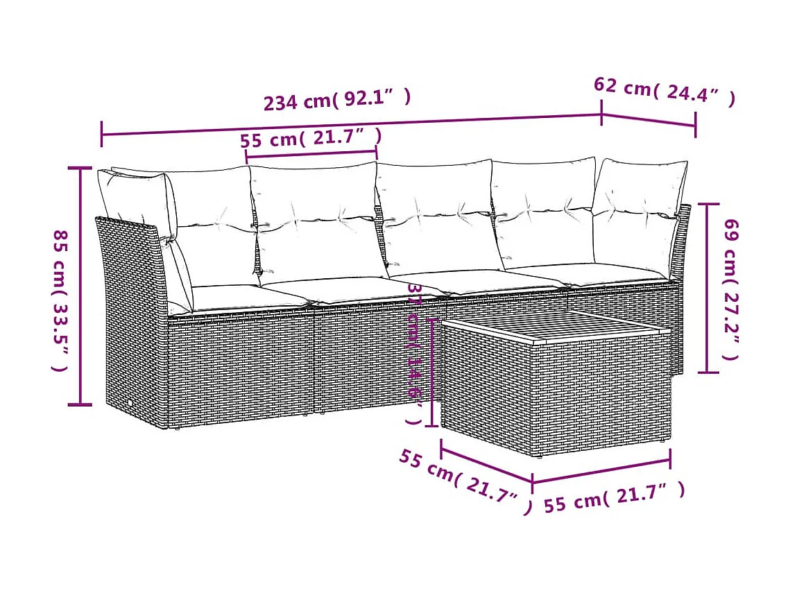 Salon de jardin 5 pcs avec coussins gris résine tressée FR80435