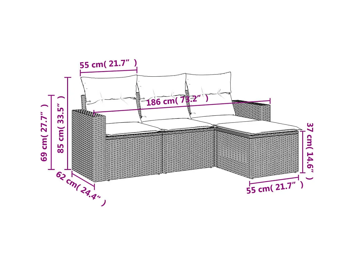 Salon de jardin 4 pcs avec coussins marron résine tressée FR11773