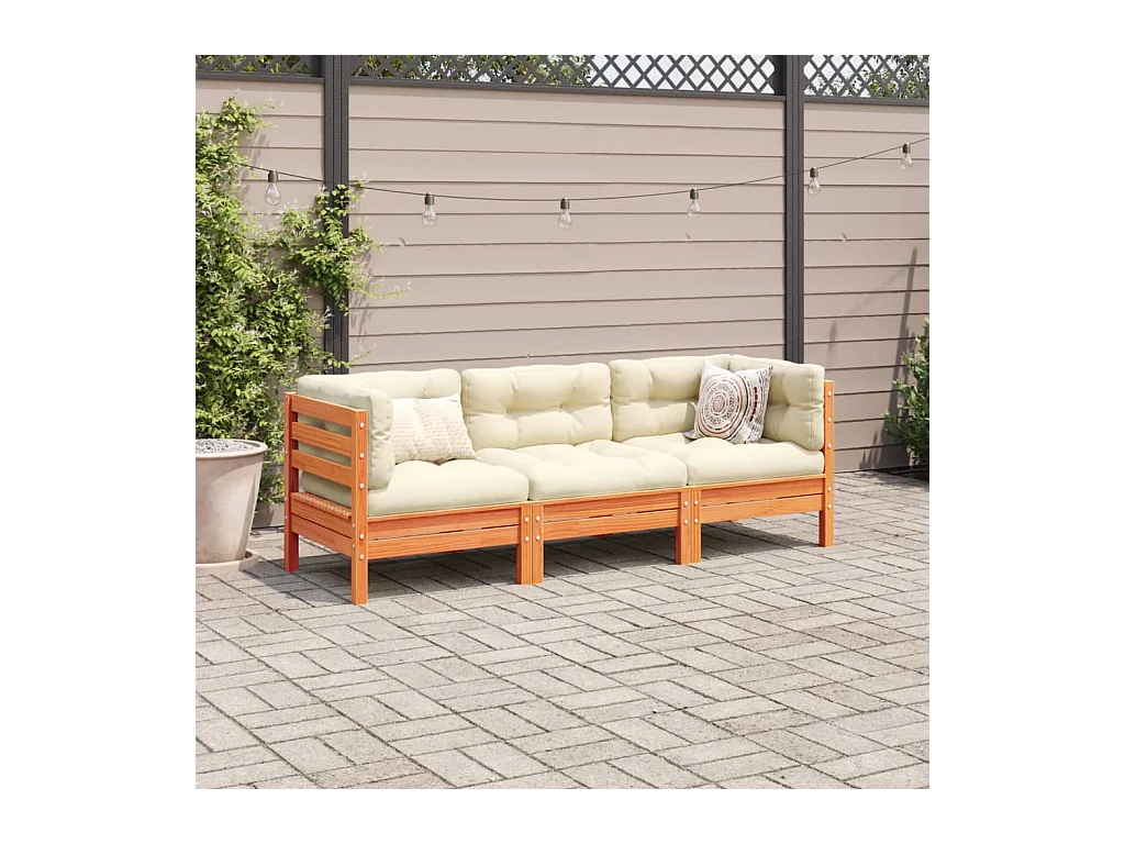 Salon de jardin 3 pcs avec coussins cire marron bois pin massif FR68933