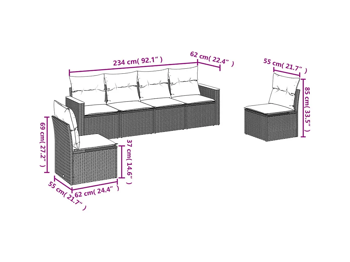 6 pcs conjunto sofás de jardim c/ almofadões vime PE preto PT328020