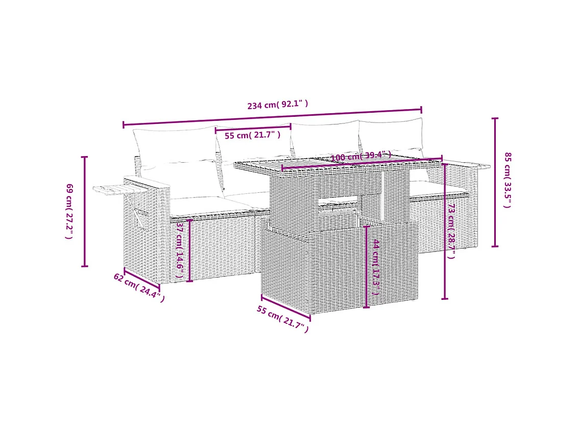 5 pcs conjunto sofás de jardim com almofadões vime PE preto PT575288
