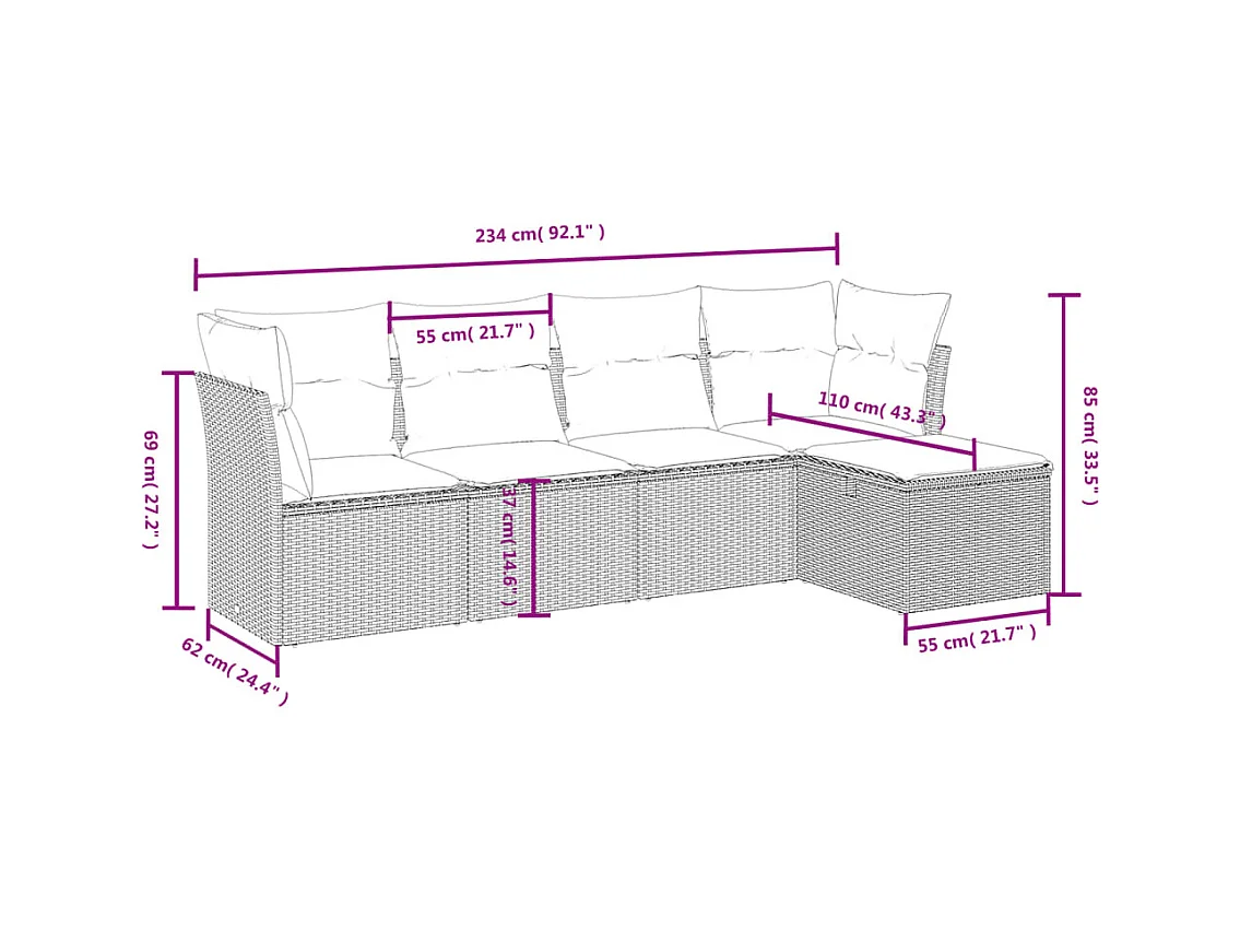 Conjunto de jardín con cojines 5 pzas ratán sintético gris ES758274