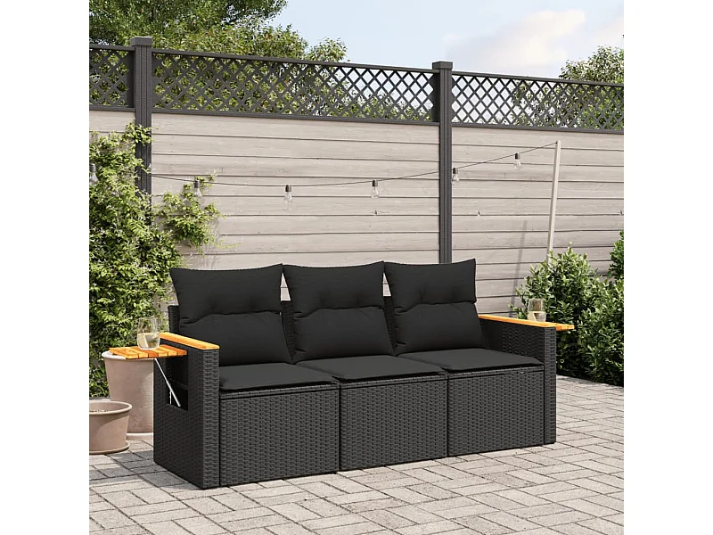 Salon de jardin 3 pcs avec coussins noir résine tressée FR10988