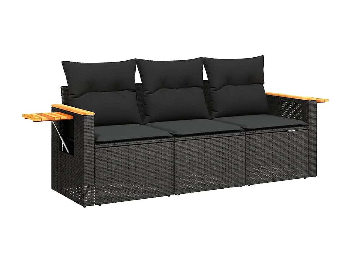 Salon de jardin 3 pcs avec coussins noir résine tressée FR10988