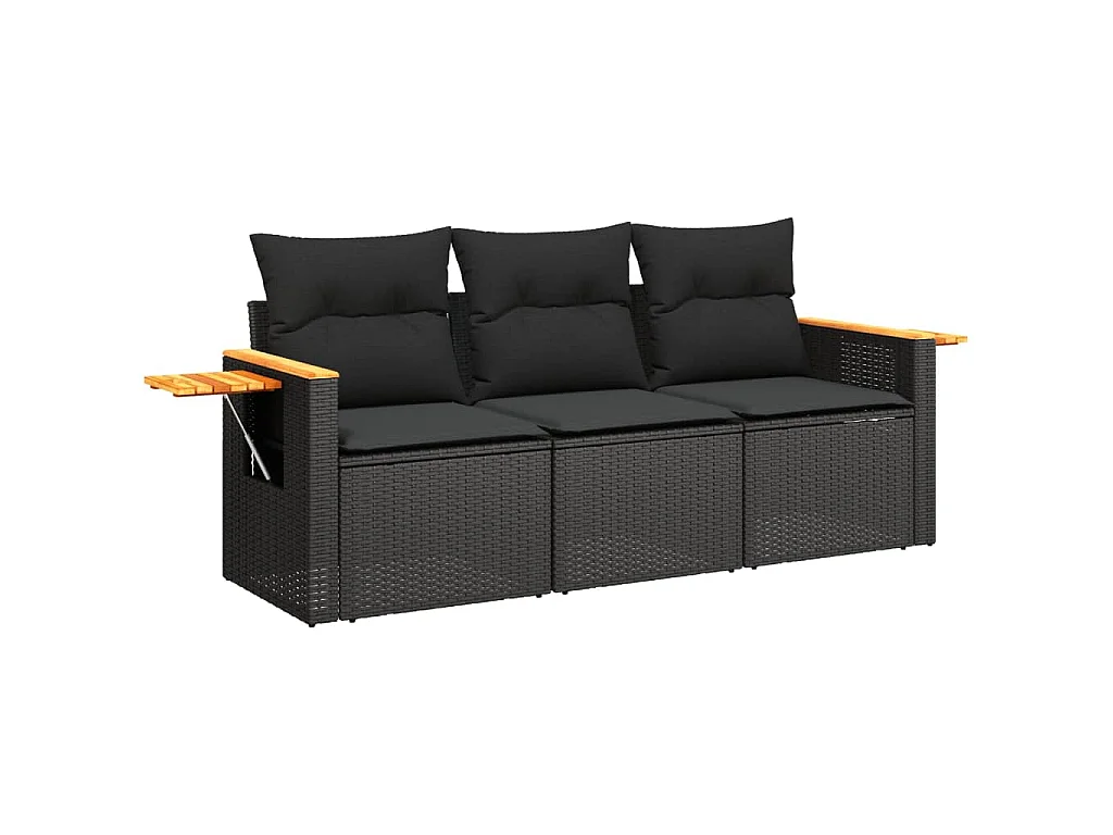 Salon de jardin 3 pcs avec coussins noir résine tressée FR10988