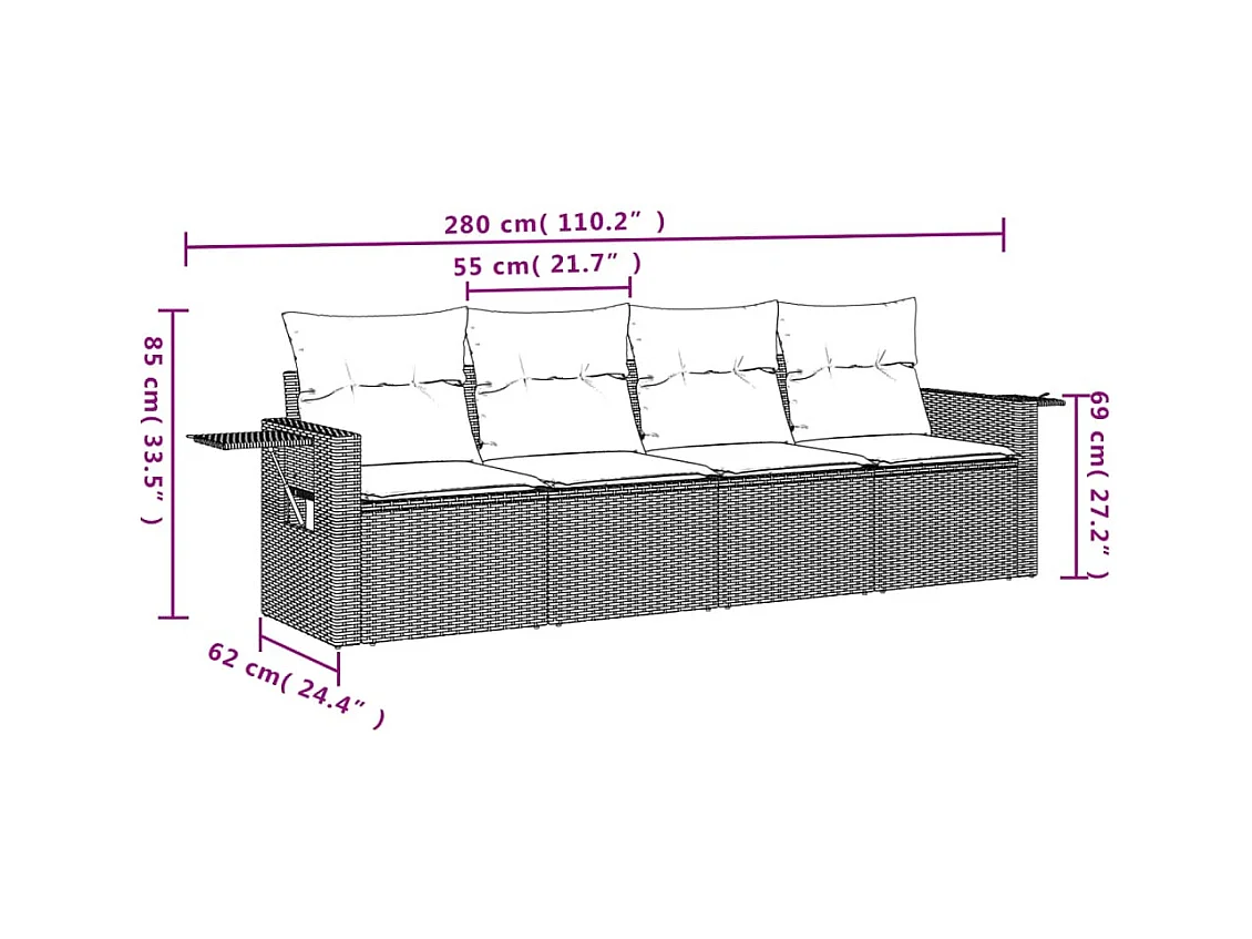 4 pcs conjunto sofás de jardim c/ almofadões vime PE cinzento PT374637