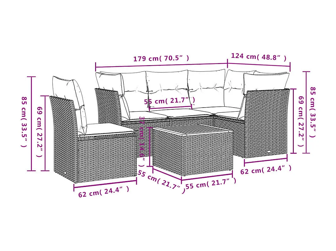 6 pcs conjunto sofás de jardim com almofadões vime cinzento PT747968
