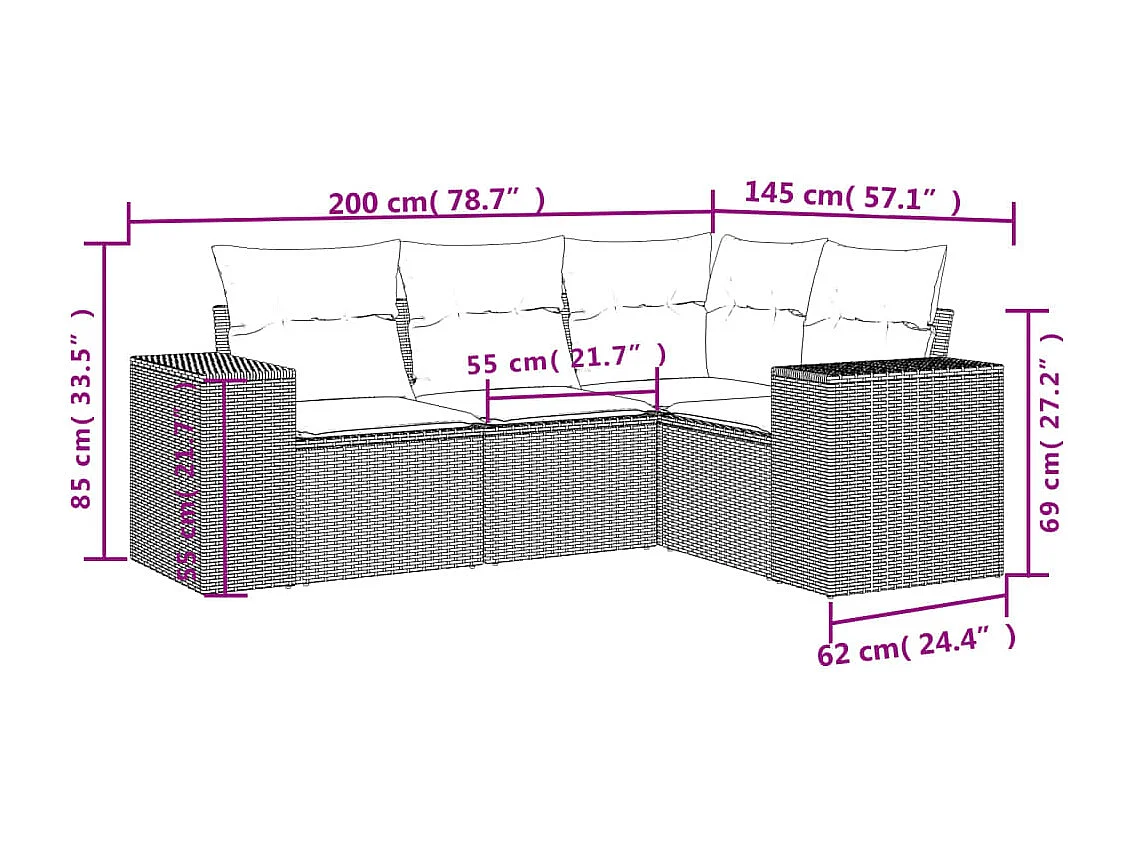Salon de jardin 4 pcs avec coussins noir résine tressée FR84607