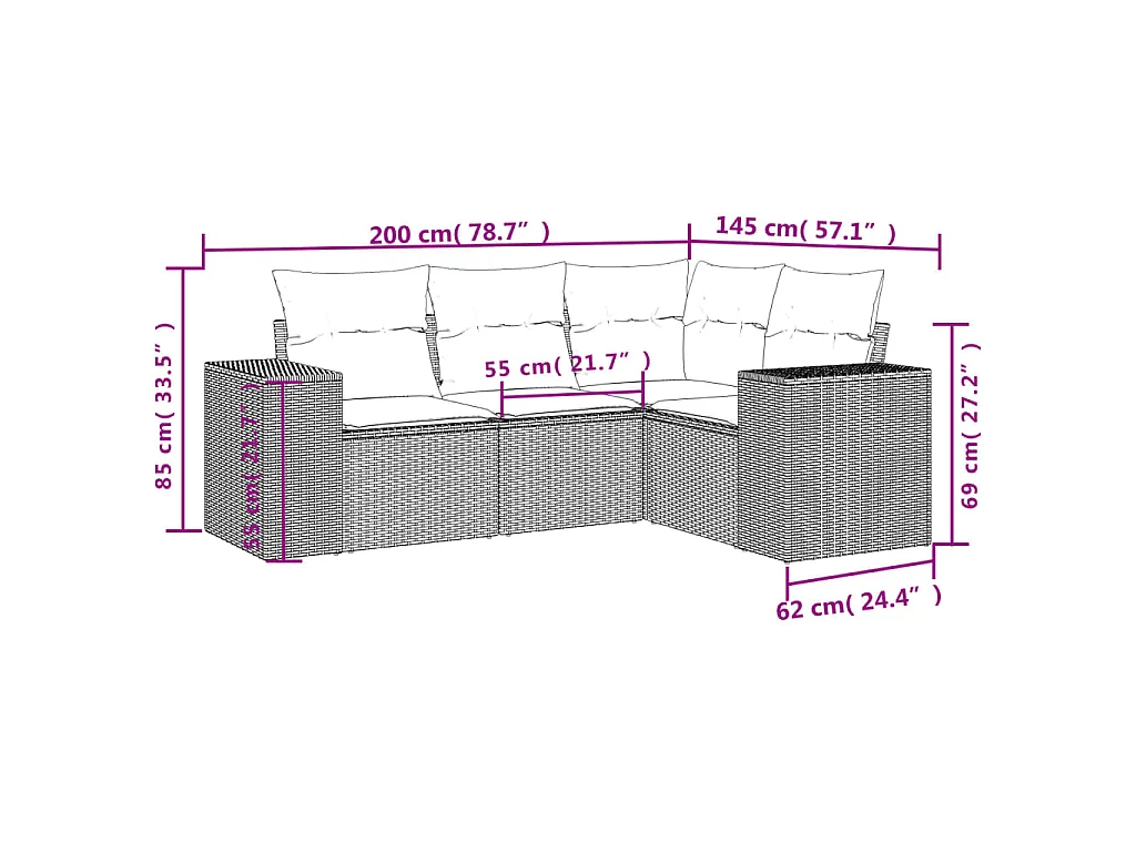 4-delige Loungeset met kussens poly rattan zwart BE848231