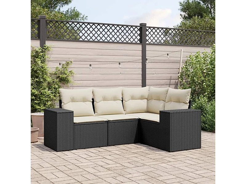 Salon de jardin 4 pcs avec coussins noir résine tressée FR84607