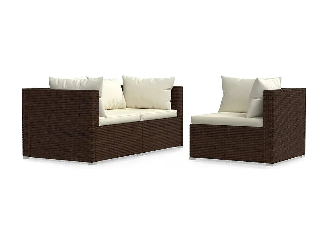 3 pcs conjunto lounge jardim c/ almofadões vime PE castanho PT167682