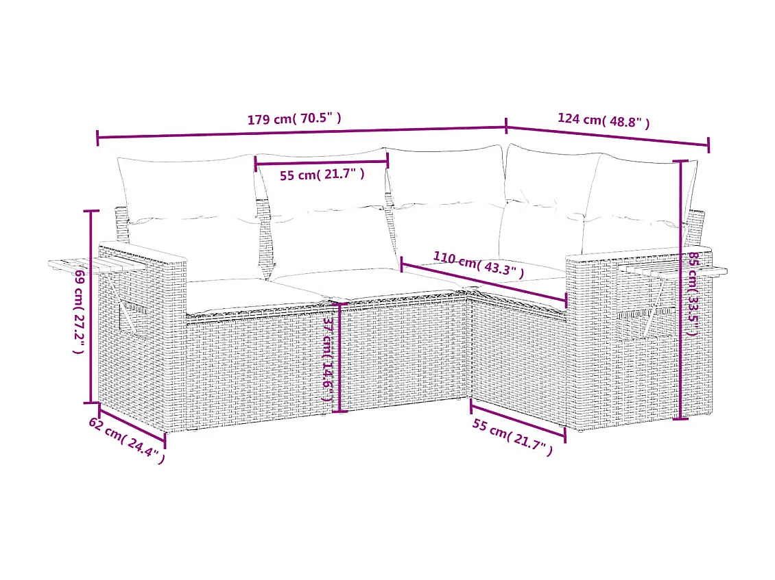 4-delige Loungeset met kussens poly rattan zwart BE842334