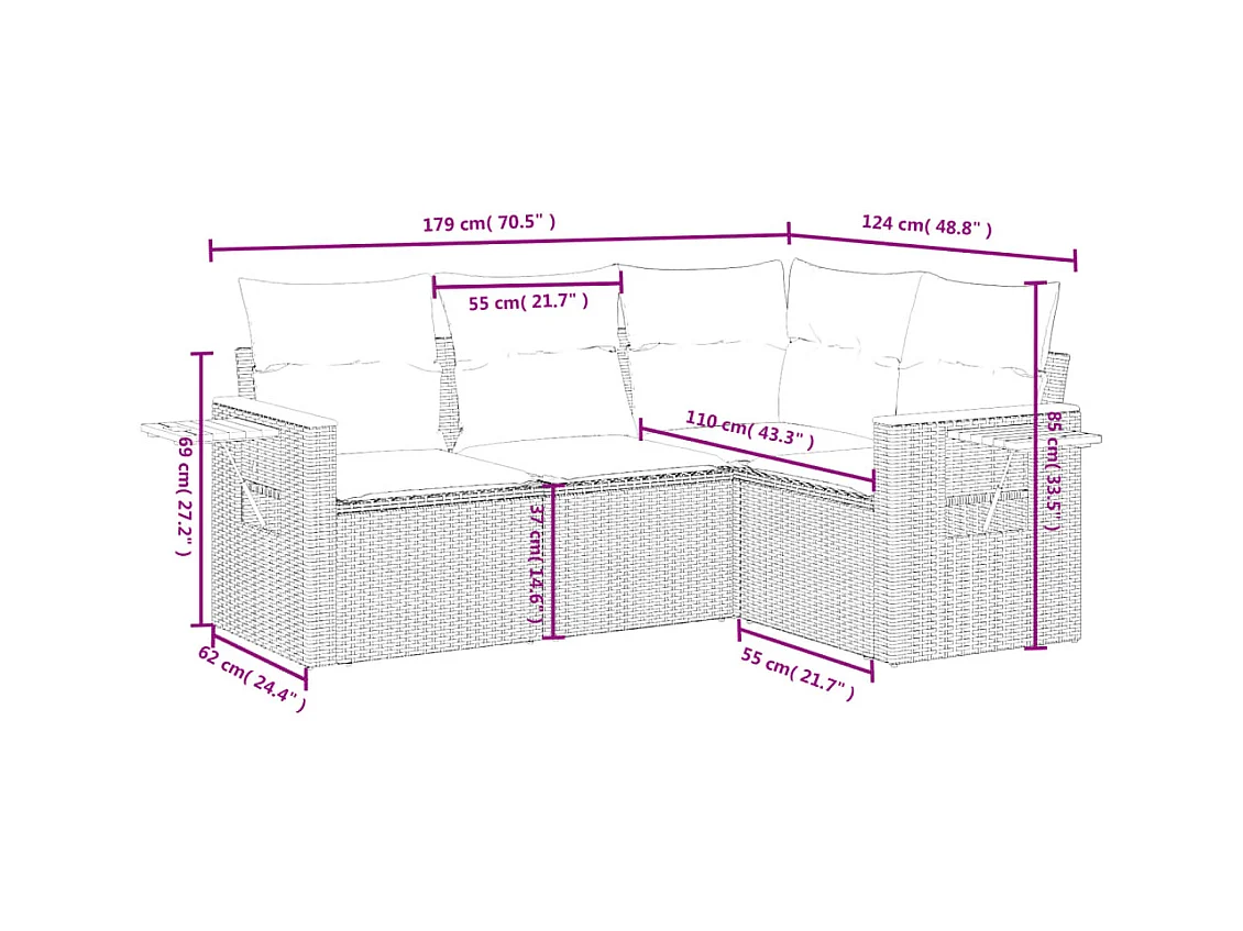 4 pcs conjunto de sofás para jardim c/ almofadões vime PE preto PT788609