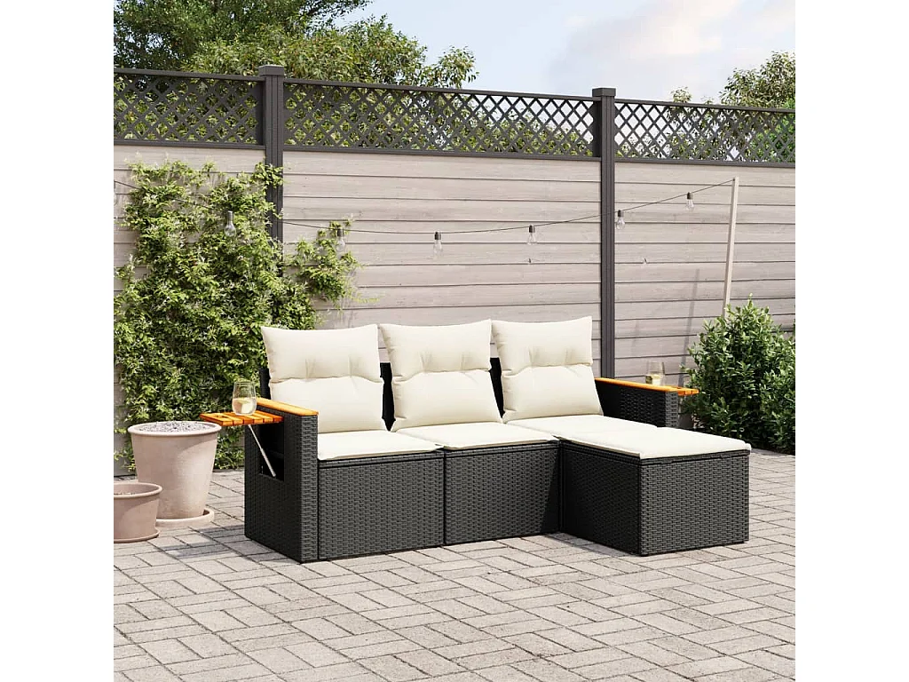4-delige Loungeset met kussens poly rattan zwart BE108019