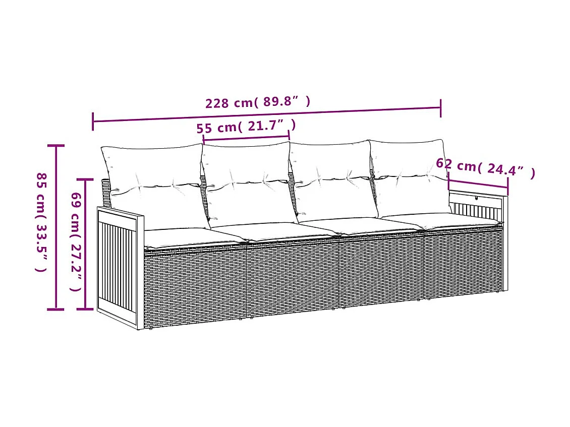 4 pcs conjunto de sofás para jardim c/ almofadões vime PE preto PT814723