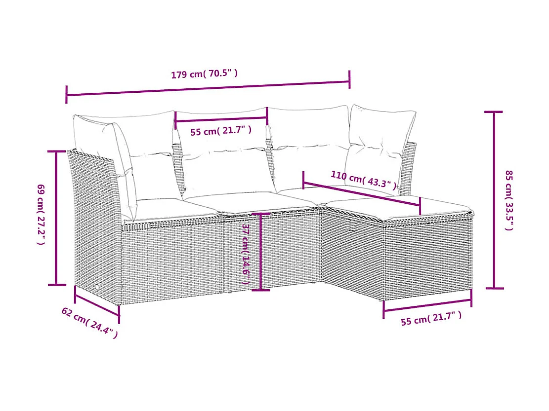 4-delige Loungeset met kussens poly rattan gemengd beige BE575220
