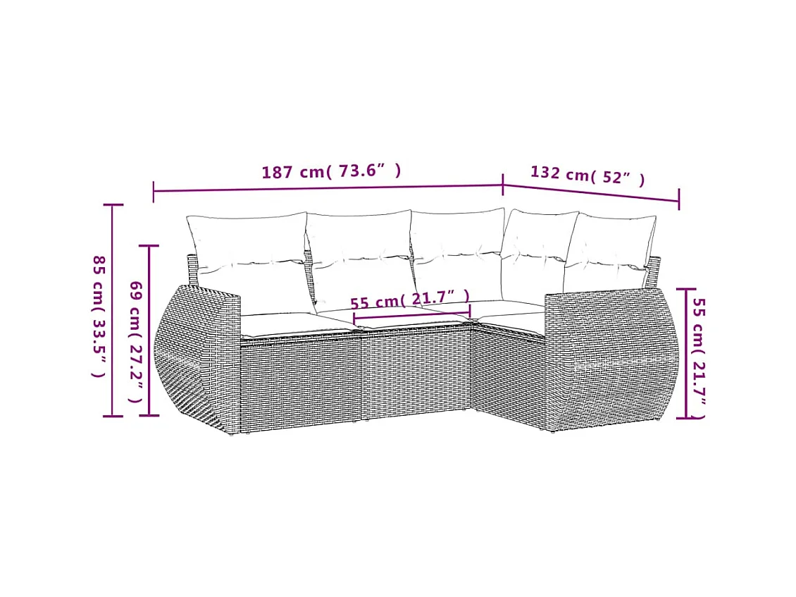 4 pcs conjunto de sofás para jardim c/ almofadões vime PE preto PT761680