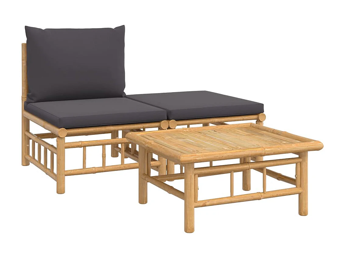 Conjunto de jardín 3 piezas bambú con cojines gris oscuro ES945525