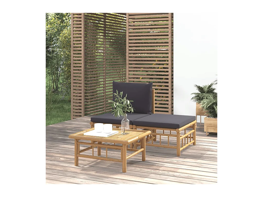 Salon de jardin 3 pcs avec coussins gris foncé bambou FR84577