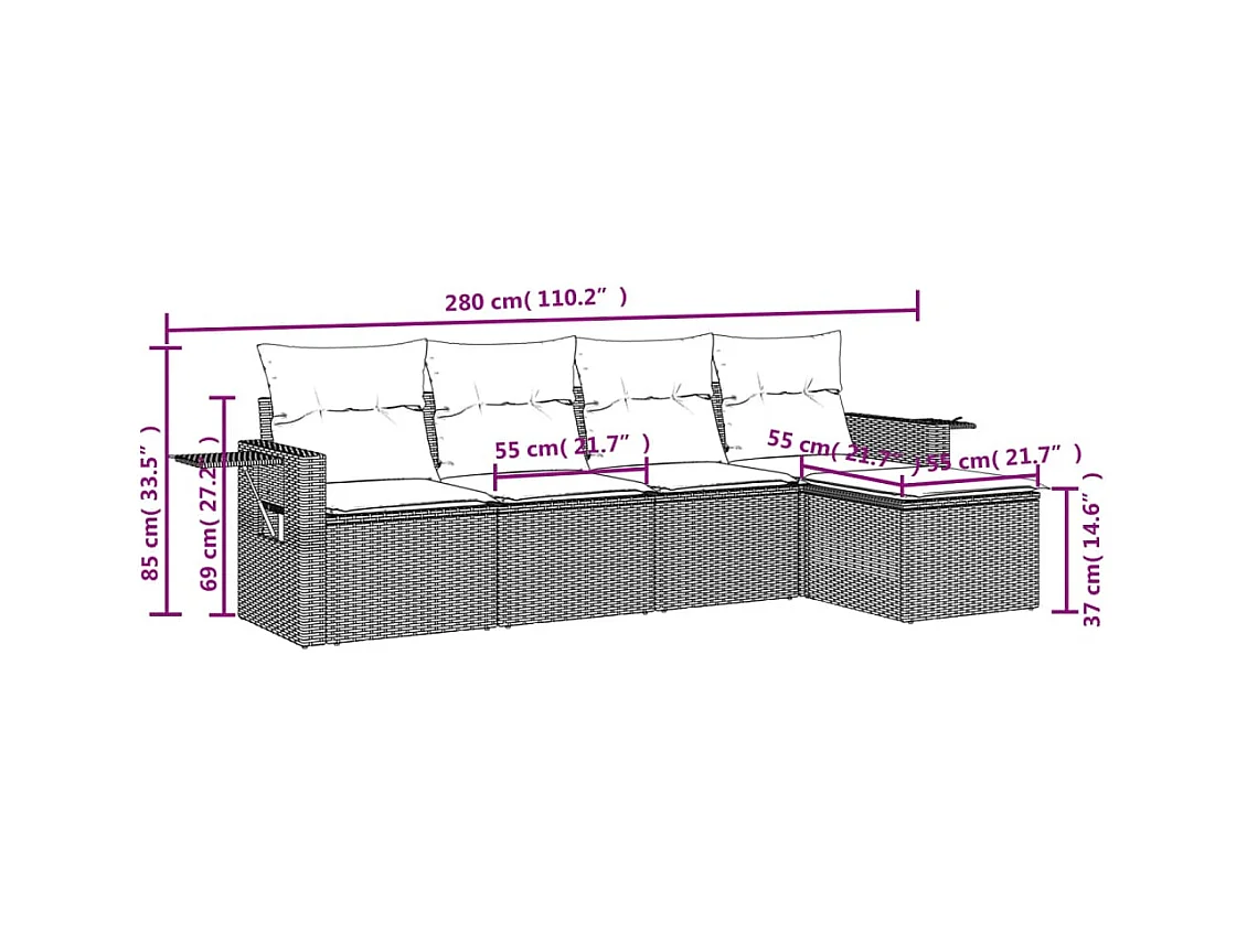 5 pcs conjunto de sofás p/ jardim com almofadões vime PE bege PT420632