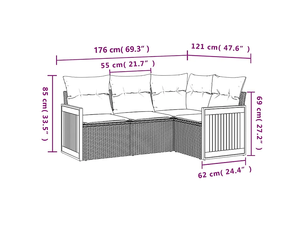 4 pcs conjunto de sofás para jardim c/ almofadões vime PE bege PT480682