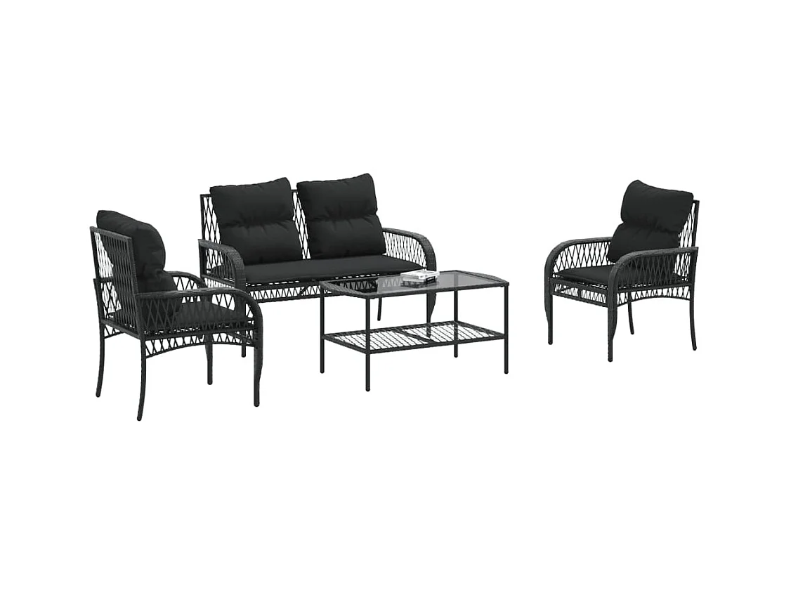 Salon de jardin 4 pcs avec coussins noir résine tressée FR73681