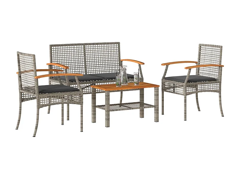 Salon de jardin 4 pcs avec coussins Gris Résine tressée FR27473