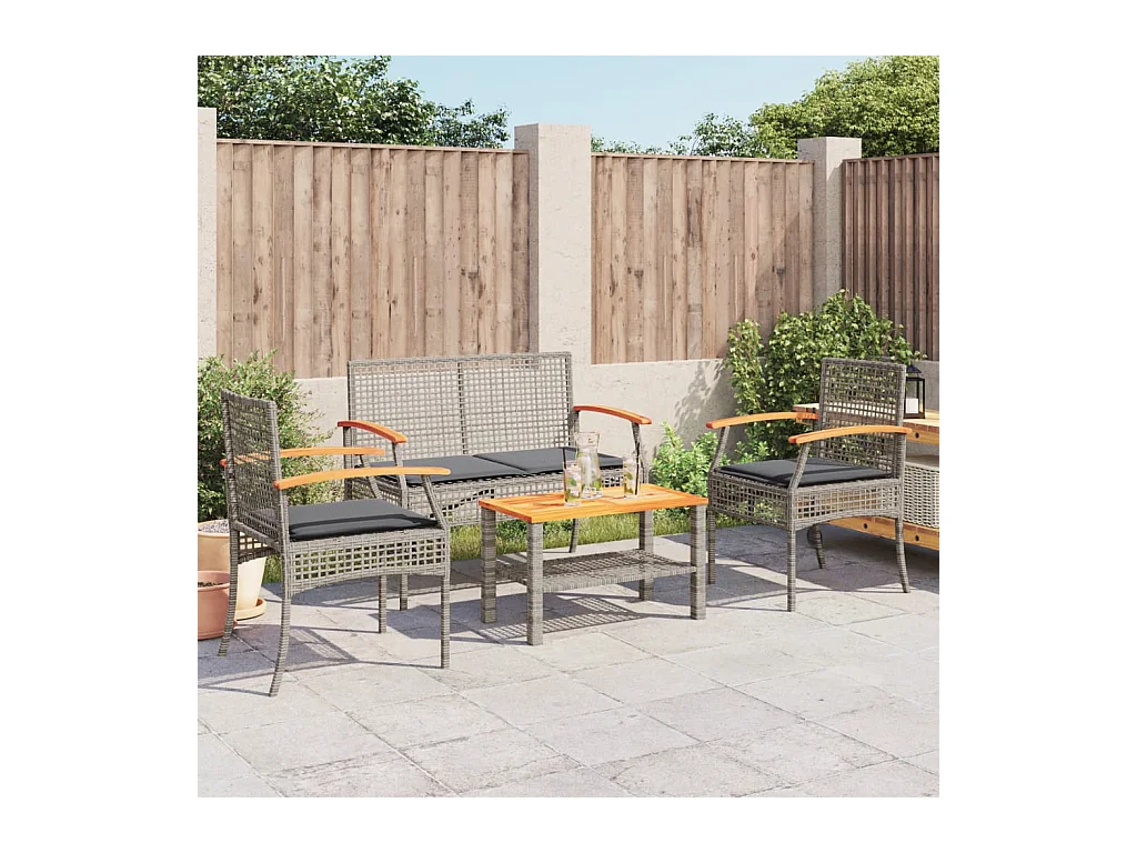 Salon de jardin 4 pcs avec coussins Gris Résine tressée FR27473