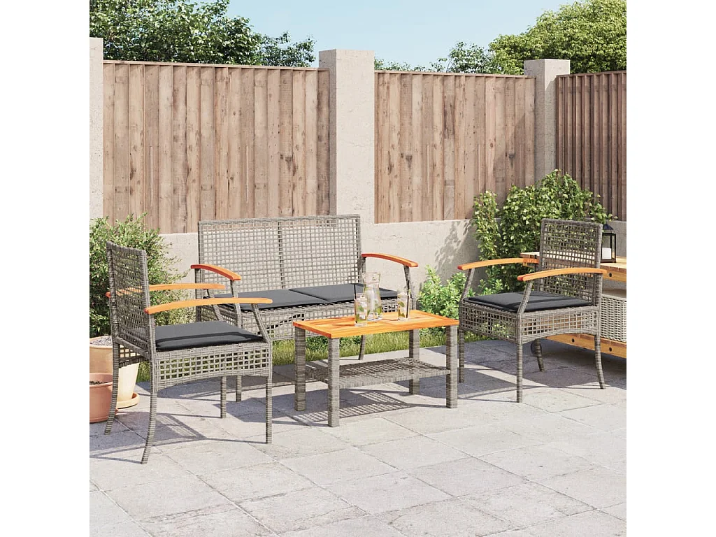 Salon de jardin 4 pcs avec coussins Gris Résine tressée FR27473