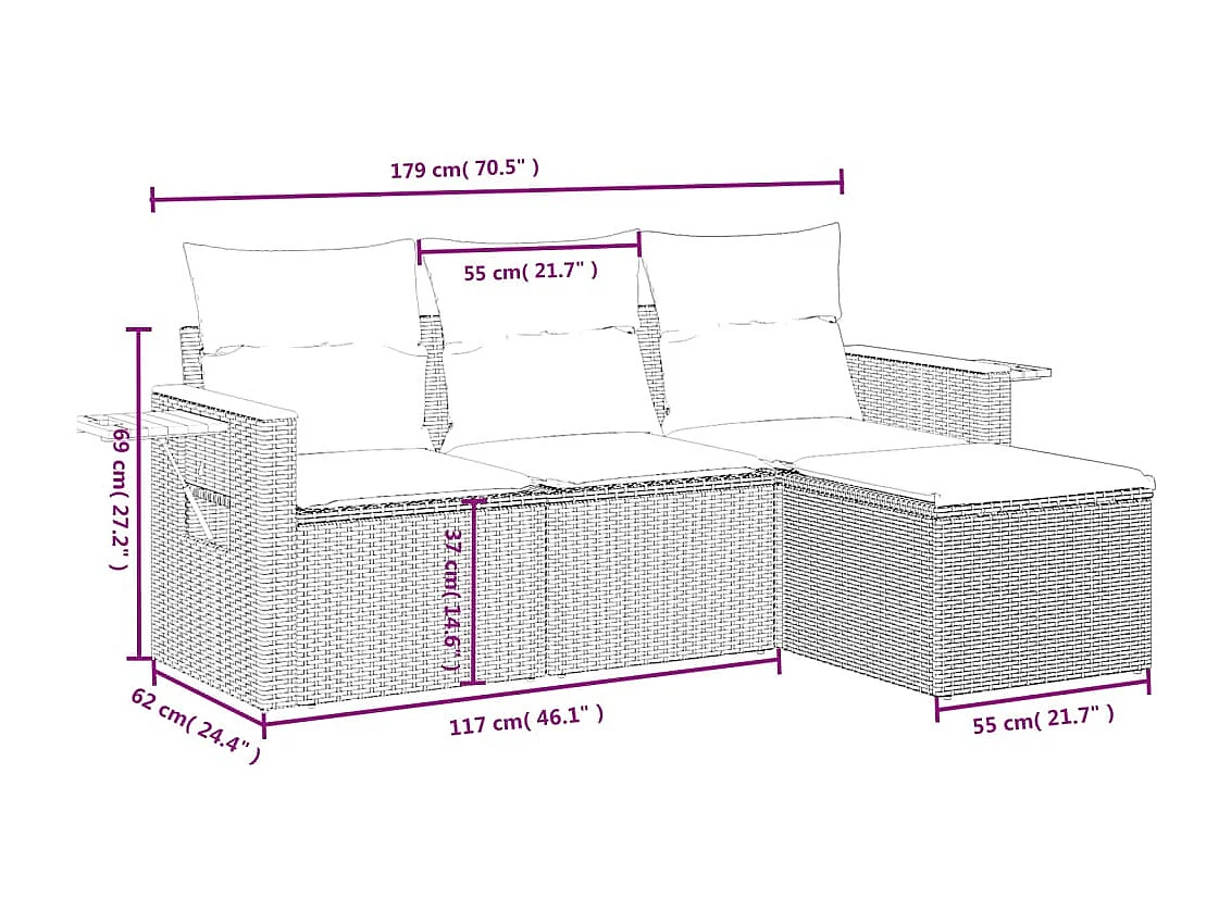 4 pcs conjunto de sofás para jardim c/ almofadões vime PE bege PT711438