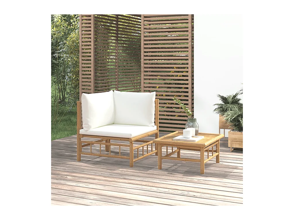 Salon de jardin 2 pcs avec coussins blanc crème bambou FR75018