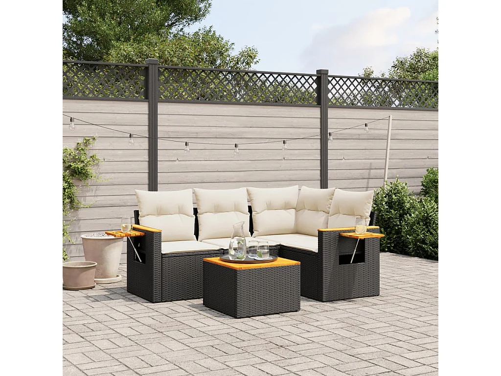 5 pcs conjunto sofás de jardim com almofadões vime PE preto PT648621