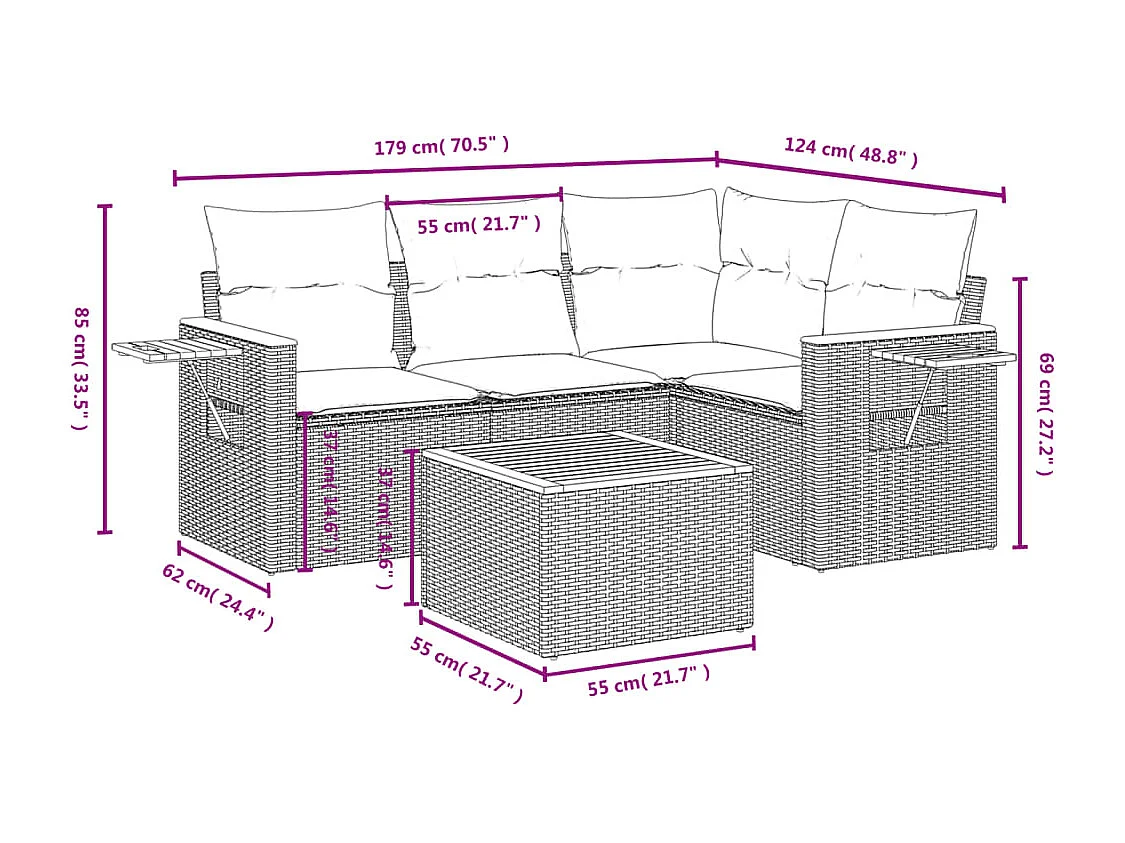 5 pcs conjunto sofás de jardim com almofadões vime PE preto PT648621