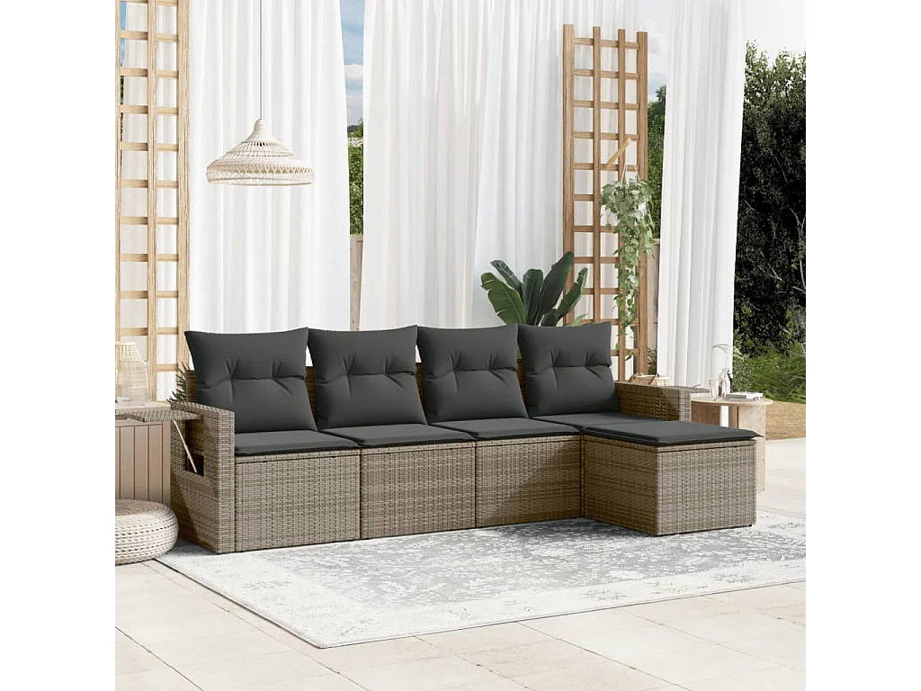 Salon de jardin 5 pcs avec coussins gris résine tressée FR48903