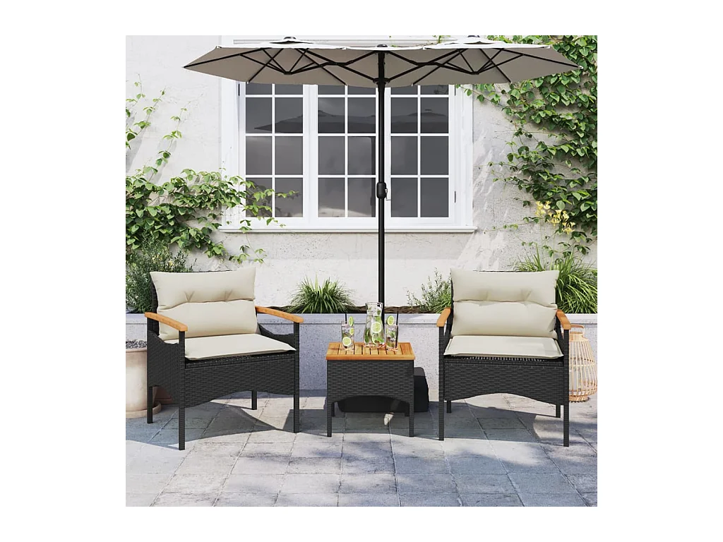 3 pcs conjunto sofás de jardim com almofadões vime PE preto PT921477