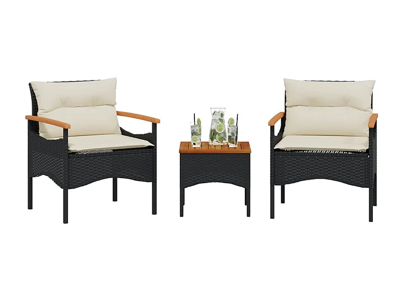 Salon de jardin 3 pcs avec coussins noir résine tressée FR93606