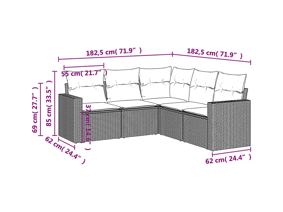 5 pcs conjunto sofás p/ jardim c/ almofadões vime PE castanho PT620393
