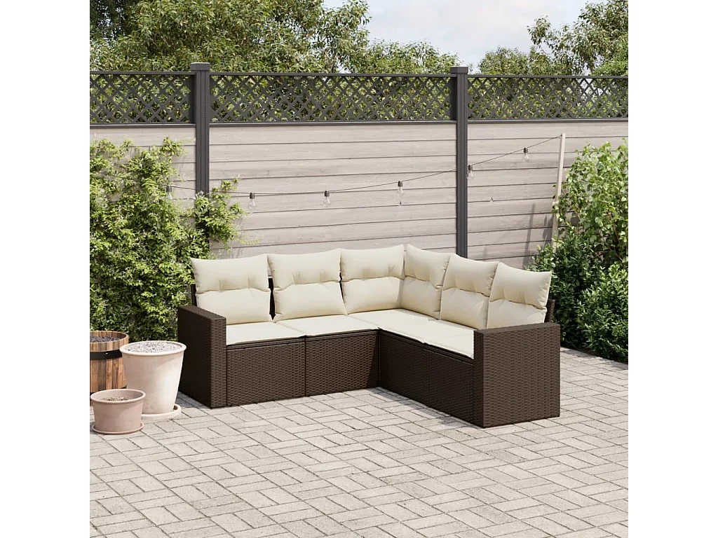 5 pcs conjunto sofás p/ jardim c/ almofadões vime PE castanho PT620393