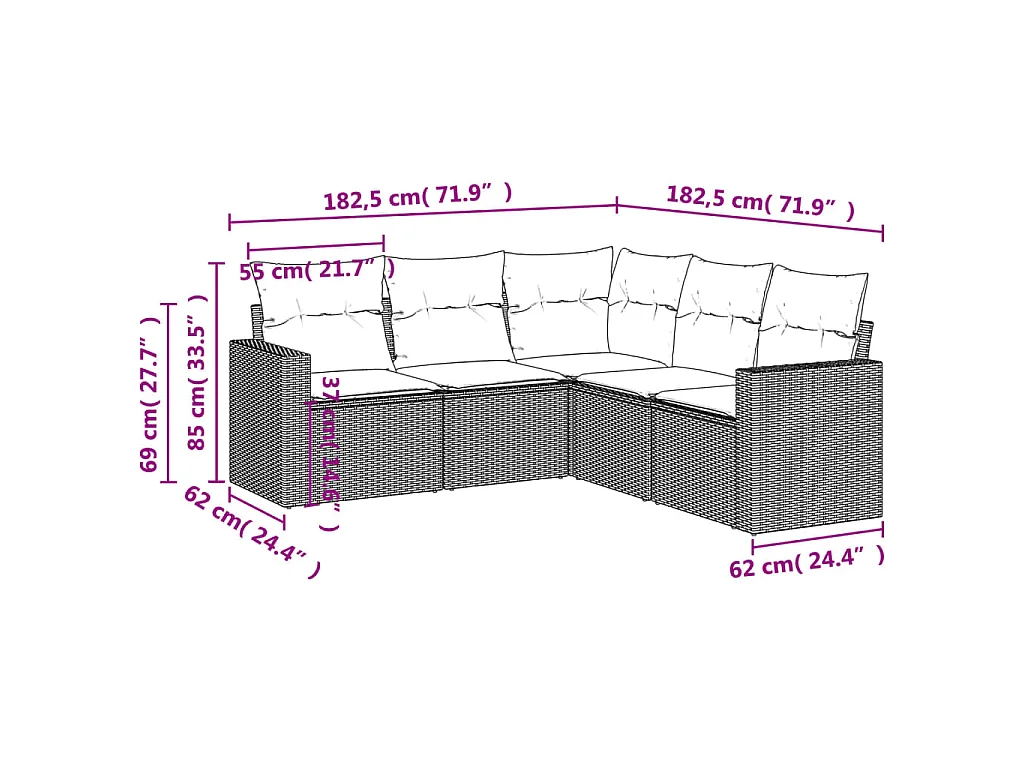 5 pcs conjunto sofás p/ jardim c/ almofadões vime PE castanho PT620393