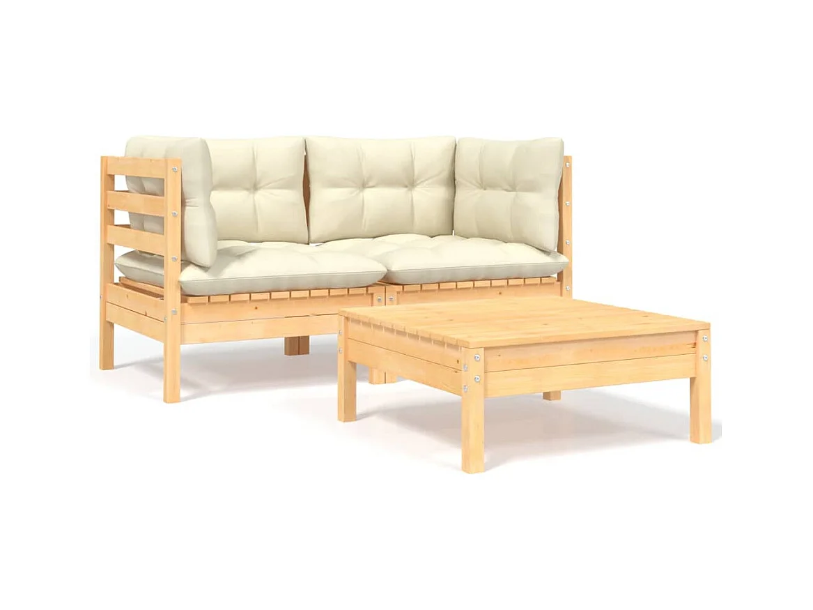 Salon de jardin 3 pcs avec coussins crème Bois de pin massif FR13866